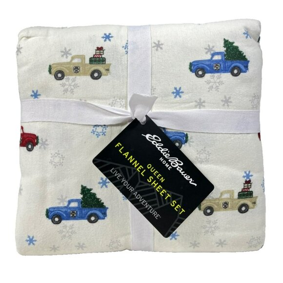 Eddie Bauer Queen Flannel Sheet Set Winter Outing Trucks With Trees Print - Picture 1 of 8